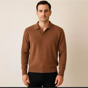 The Commons 100% Cashmere Sweater‎ Polo Johnny Collar Brown Size XL